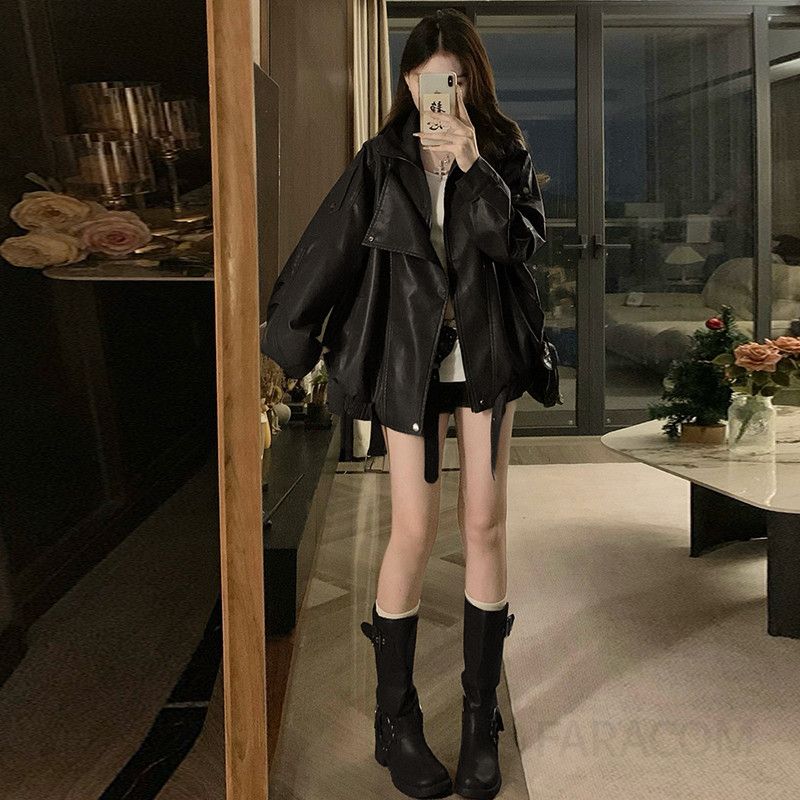 여성 오버핏 루즈핏 레더 가죽 자켓 빅사이즈 바이커 라이더 점퍼 아우터 데일리룩 캐주얼 무스탕 간절기 봄 가을 - 상세 이미지 5