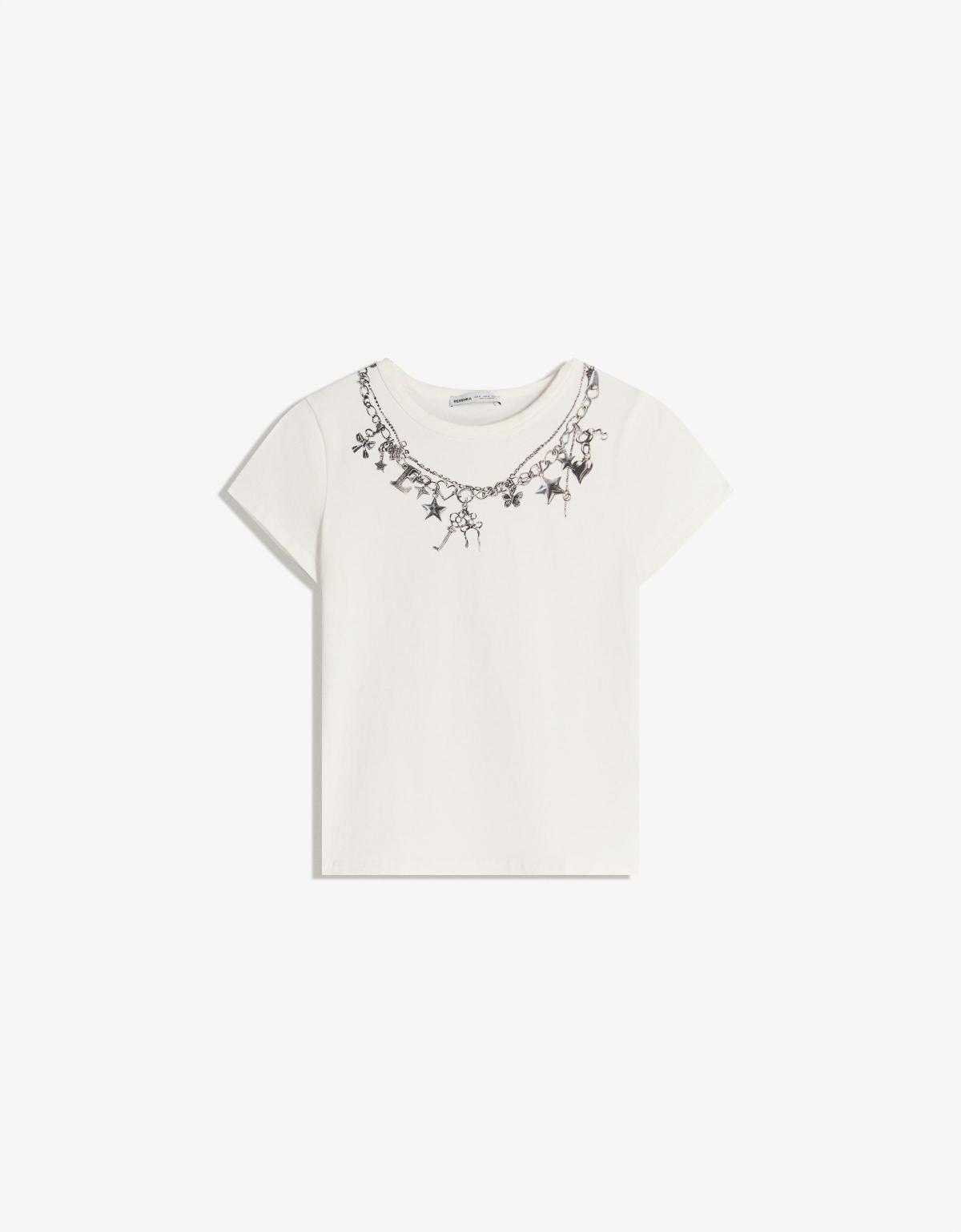 버쉬카 프린트 진주 네크라인 반팔 티셔츠 7844/033 OFF WHITE - 상세 이미지 3