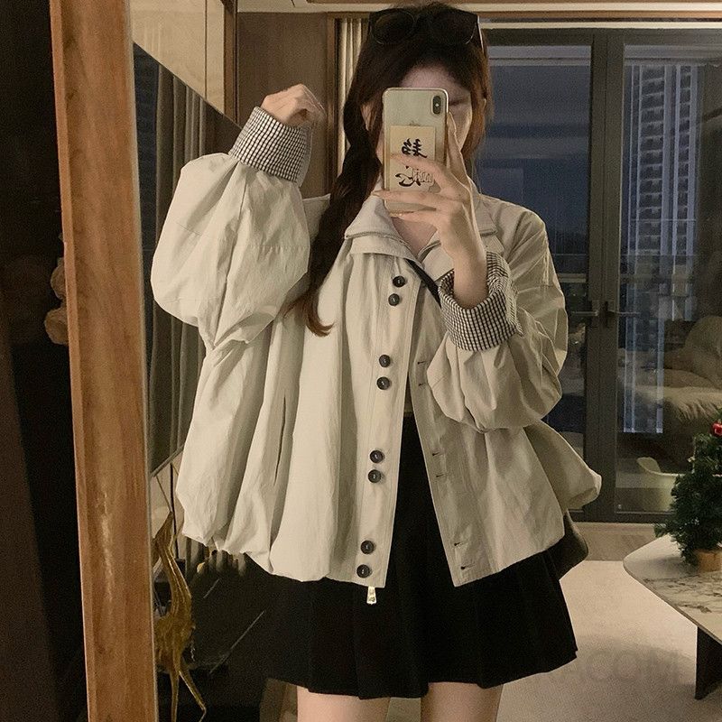 여성 루즈핏 스탠드넥 퍼프소매 체크배색 숏 항공점퍼 점퍼 아우터 오버핏 빅사이즈 봄 가을 - 상세 이미지 2