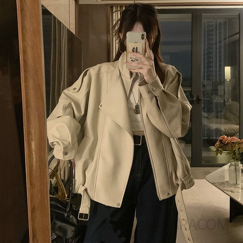 여성 오버핏 루즈핏 레더 가죽 자켓 빅사이즈 바이커 라이더 점퍼 아우터 데일리룩 캐주얼 무스탕 간절기 봄 가을 - 상세 이미지 3