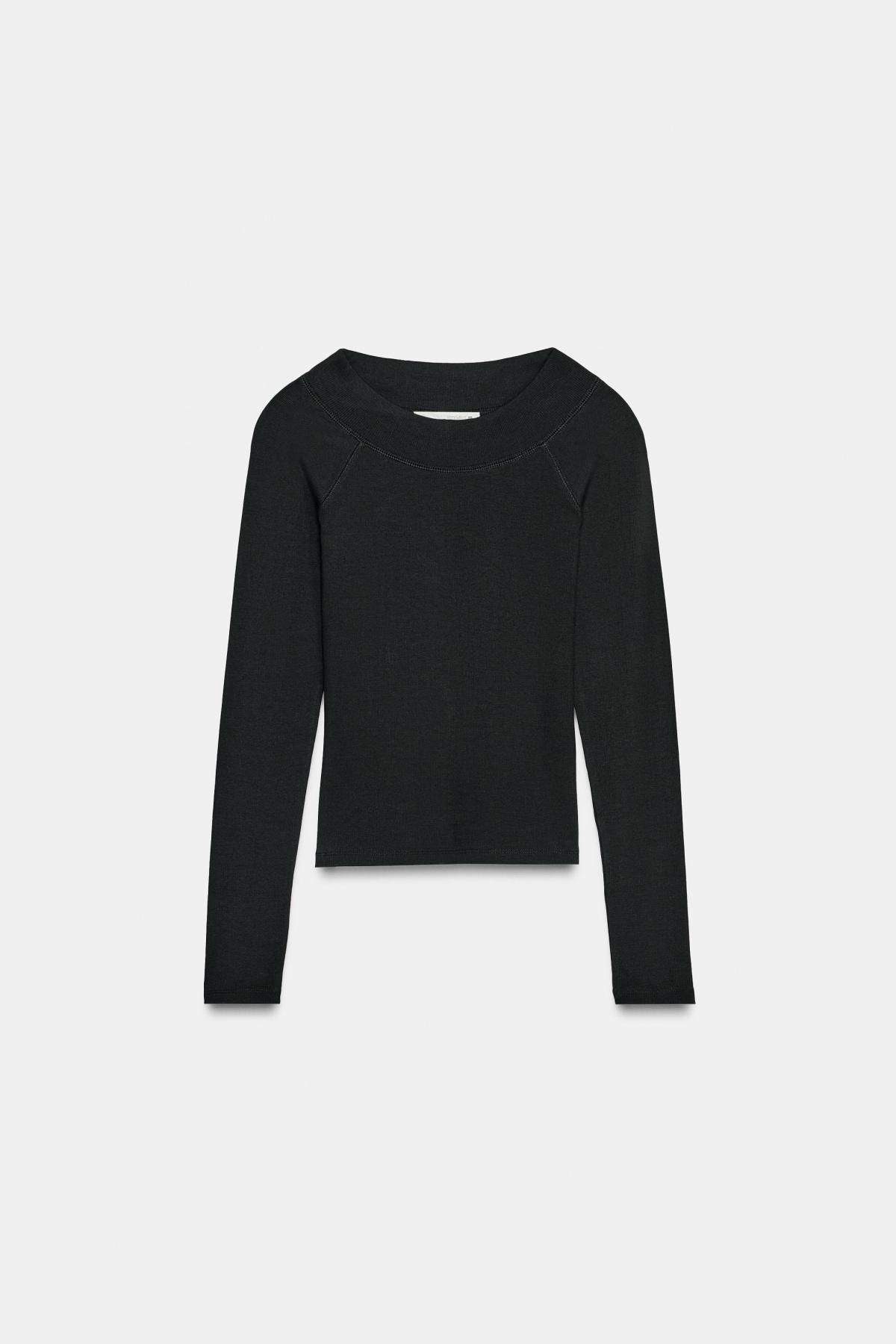 자라 슬림핏 보트넥 골지 블랙 긴팔 티셔츠 3253/842 BLACK - 메인 이미지