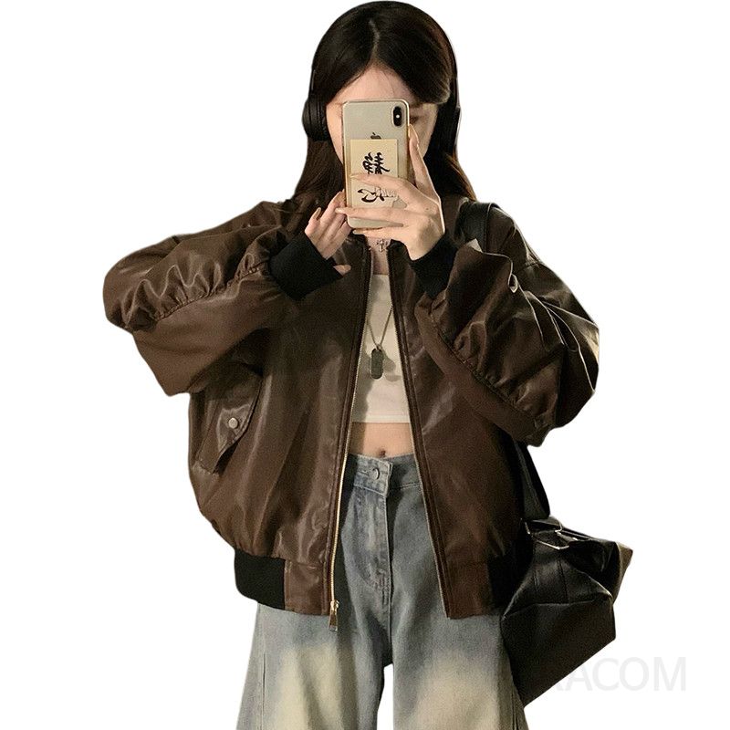 여성 빅사이즈 가을 겨울 레더 항공 점퍼 후드 모자탈부착 오버핏 캐주얼 루즈핏 박시핏 집업 자켓 - 상세 이미지 5