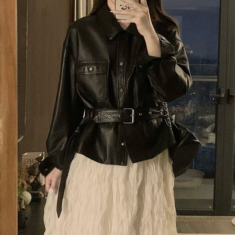 여성 빅사이즈 시크 루즈핏 레더 가죽자켓 허리벨트 카라넥 포켓 데일리룩 트렌디 아우터 봄 가을 간절기 - 상세 이미지 4