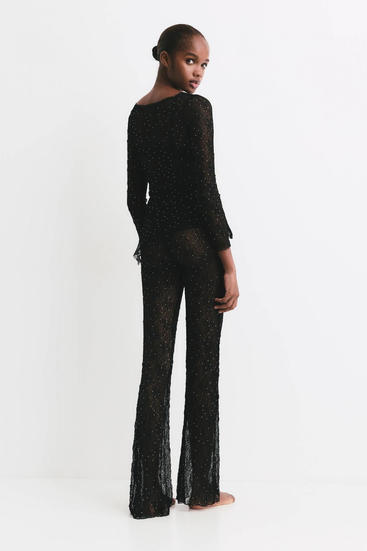 풀앤베어 글리터 라인스톤 레이스 플레어 팬츠 7674/346 BLACK - 상세 이미지 4