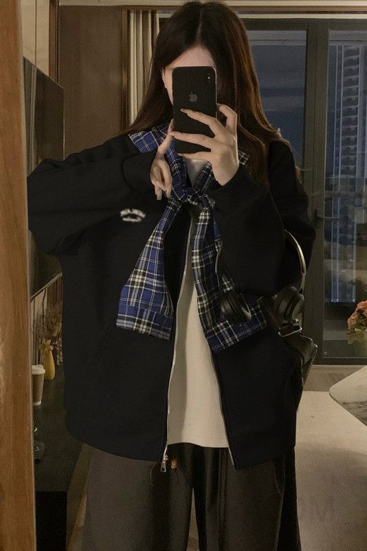 여성 빅사이즈 루즈핏 오버핏 레이어드 체크 스카프 후드집업 아카데미 캠퍼스 캐주얼 레트로 간절기 집업 점퍼 봄 가을 - 상세 이미지 5
