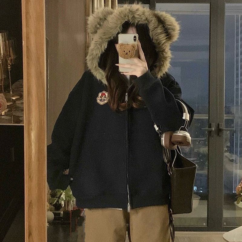 여성 빅사이즈 오버핏 후리스 후드 자켓 점퍼 스쿨룩 캠퍼스룩 데일리 보온성 따뜻한 부드러운 아우터 가을 겨울 - 상품 이미지