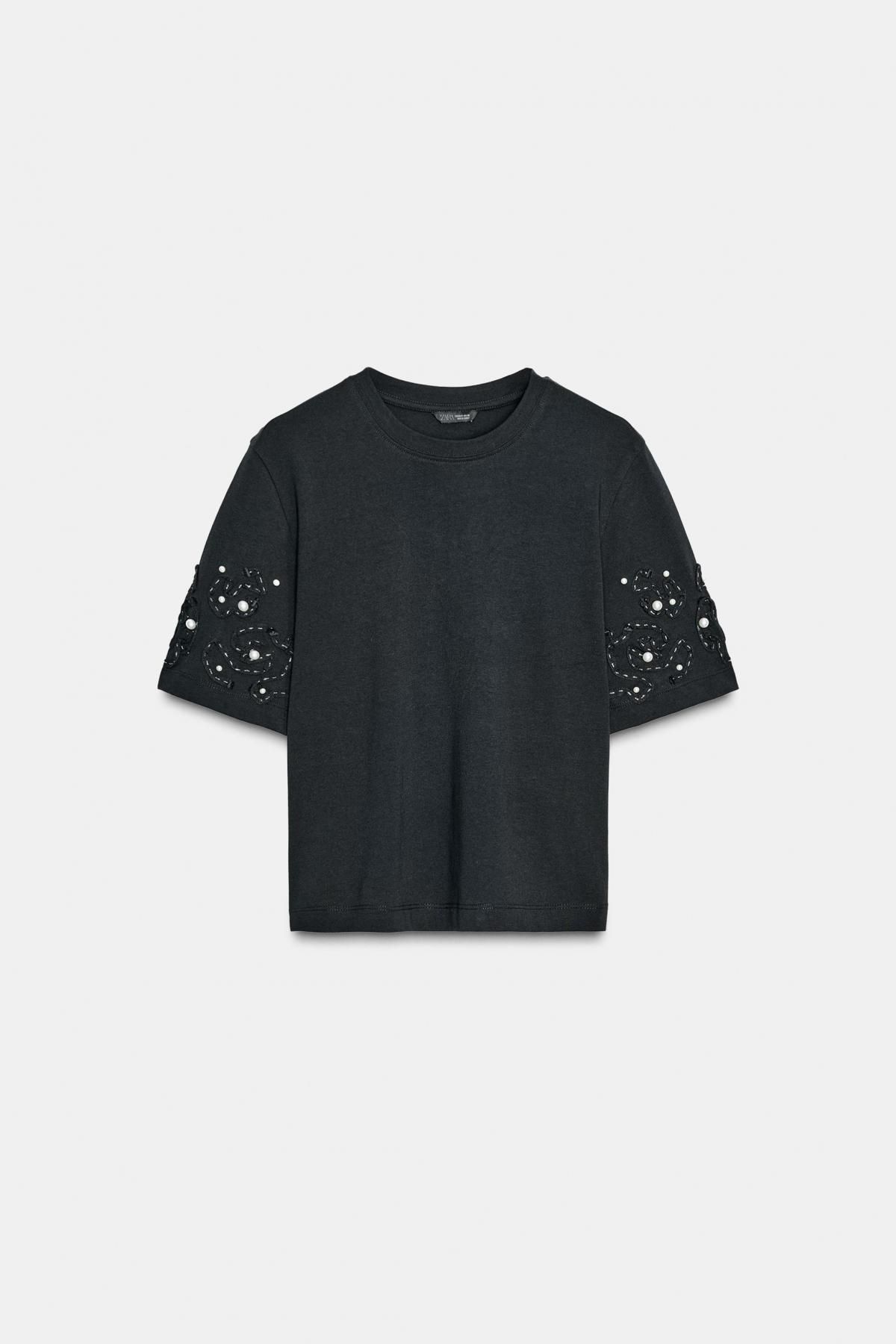 자라 비즈 자수 라운드넥 반팔 티셔츠 1165/886 BLACK - 메인 이미지