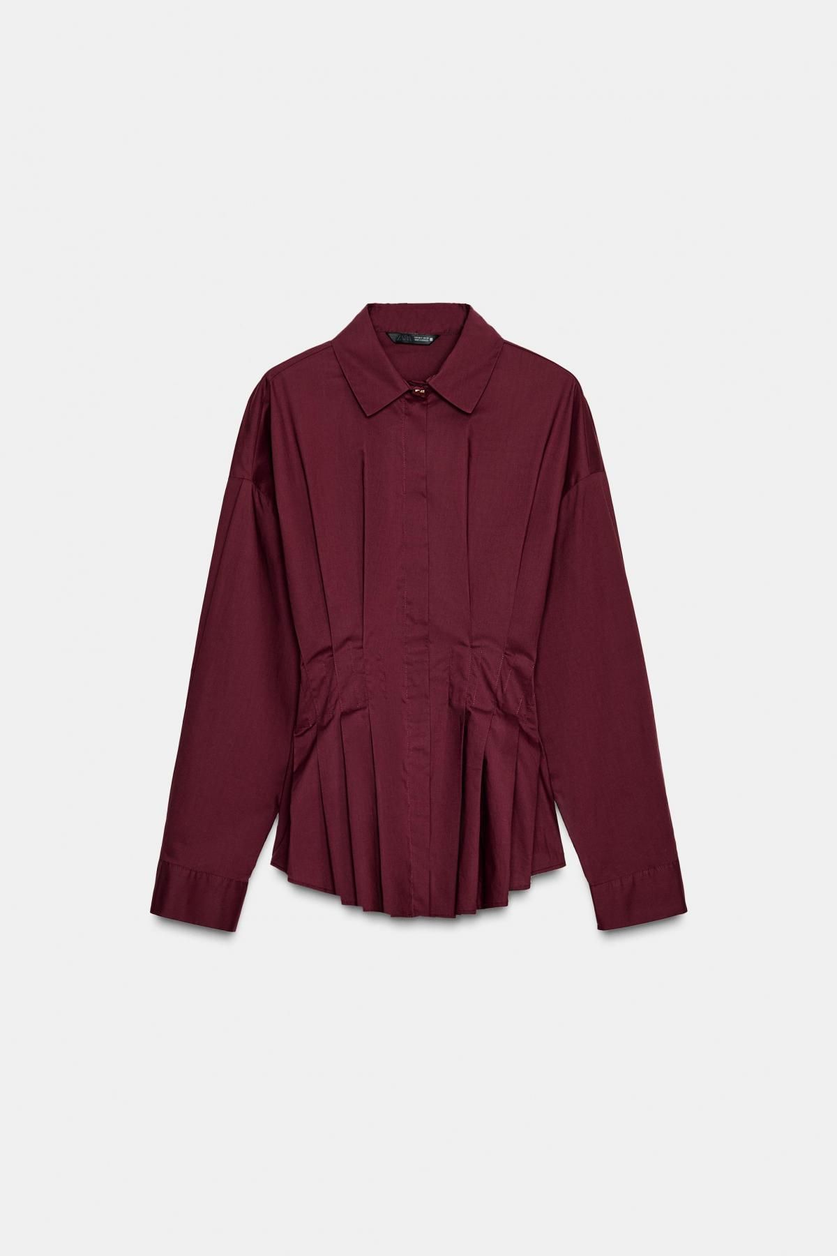 자라 버건디 테크니컬 플리츠 포플린 긴팔 셔츠 8945/340 BURGUNDY - 메인 이미지