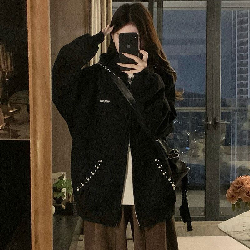 여성 진주 비즈 자수 후드집업 아우터 루즈핏 박시핏 오버핏 맨투맨 점퍼 캠퍼스룩 스쿨룩 스트릿 캐주얼 가을 - 상세 이미지 2