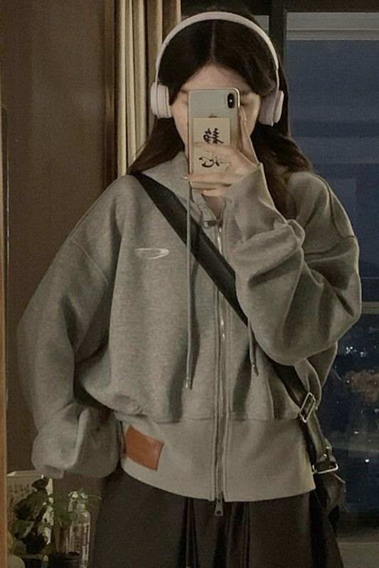 여성 오버핏 후드 스웨트셔츠 가을용 복고풍 캐주얼 재킷 경량 착용감 좋은 후드집업 커플룩 스타일 데일리 아우터 이미지 6