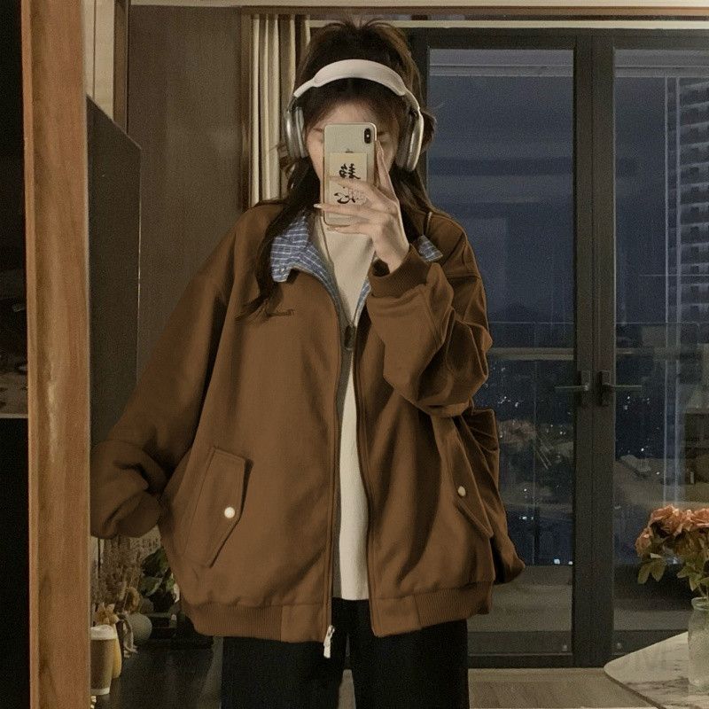 여성 가을 스웨이드 재킷 플레드 스플라이싱 캐주얼 야구점퍼 스타일 트렌디한 데일리 아우터 유니폼 디자인 편안한 착용감 남녀공용 패션 - 상세 이미지 2