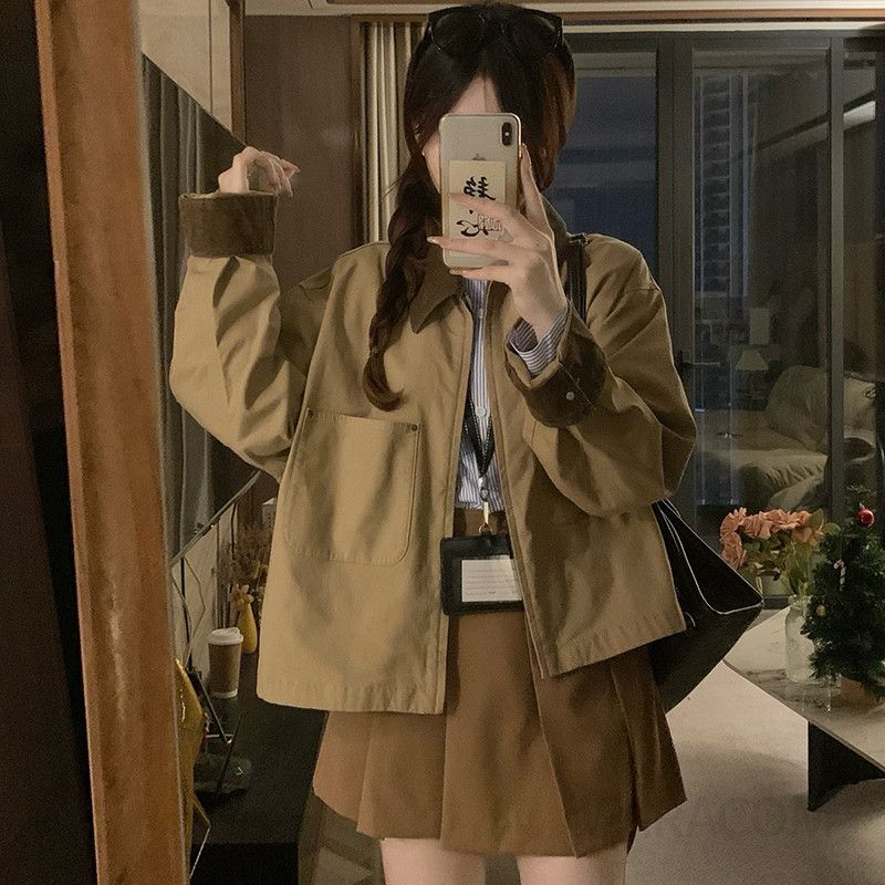 여성 코듀로이 배색 카라 아웃포켓 크롭 아카데미 간절기 데일리 루즈핏 숏 자켓 점퍼 봄 가을 - 상세 이미지 3