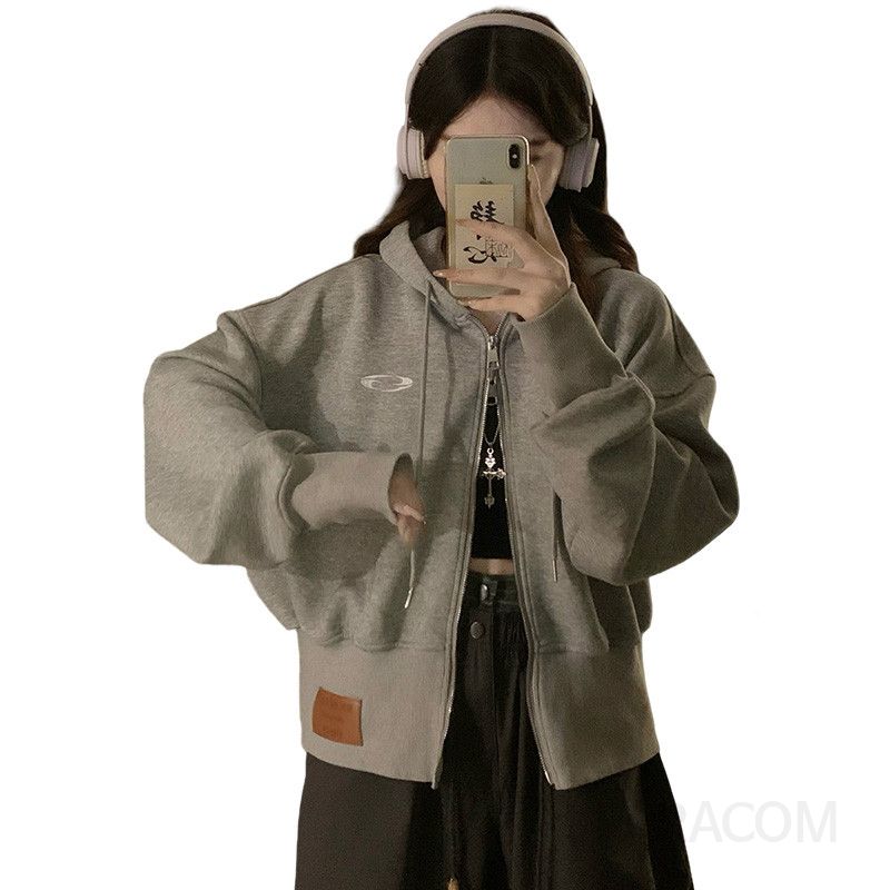 여성 빅사이즈 크롭 후드집업 오버핏 캠퍼스룩 캐주얼 트레이닝 루즈핏 맨투맨 아우터 점퍼 상의 봄 가을 - 상세 이미지 5