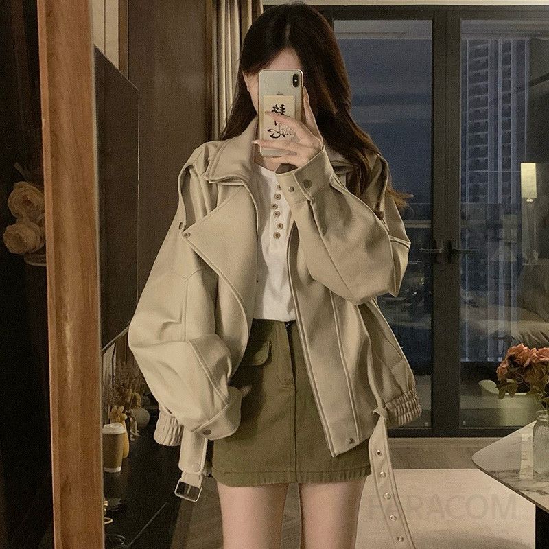 여성 빅사이즈 루즈핏 오버핏 레더 자켓 간절기 가을 데일리 인조가죽 아우터 코디 점퍼 봄 가을 - 메인 이미지