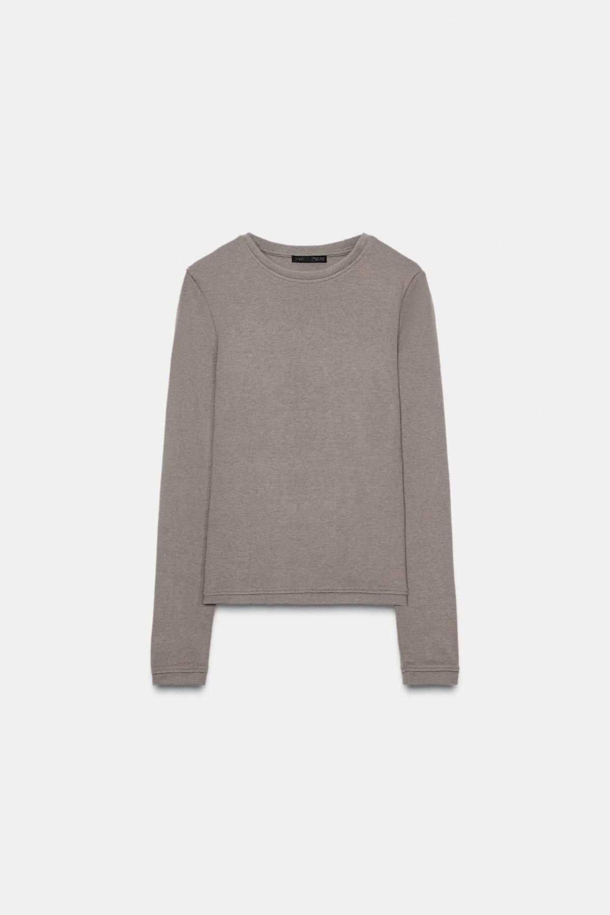 자라 슬림핏 울혼방 라운드넥 긴팔 티셔츠 1067/634 MID-MINK - 메인 이미지
