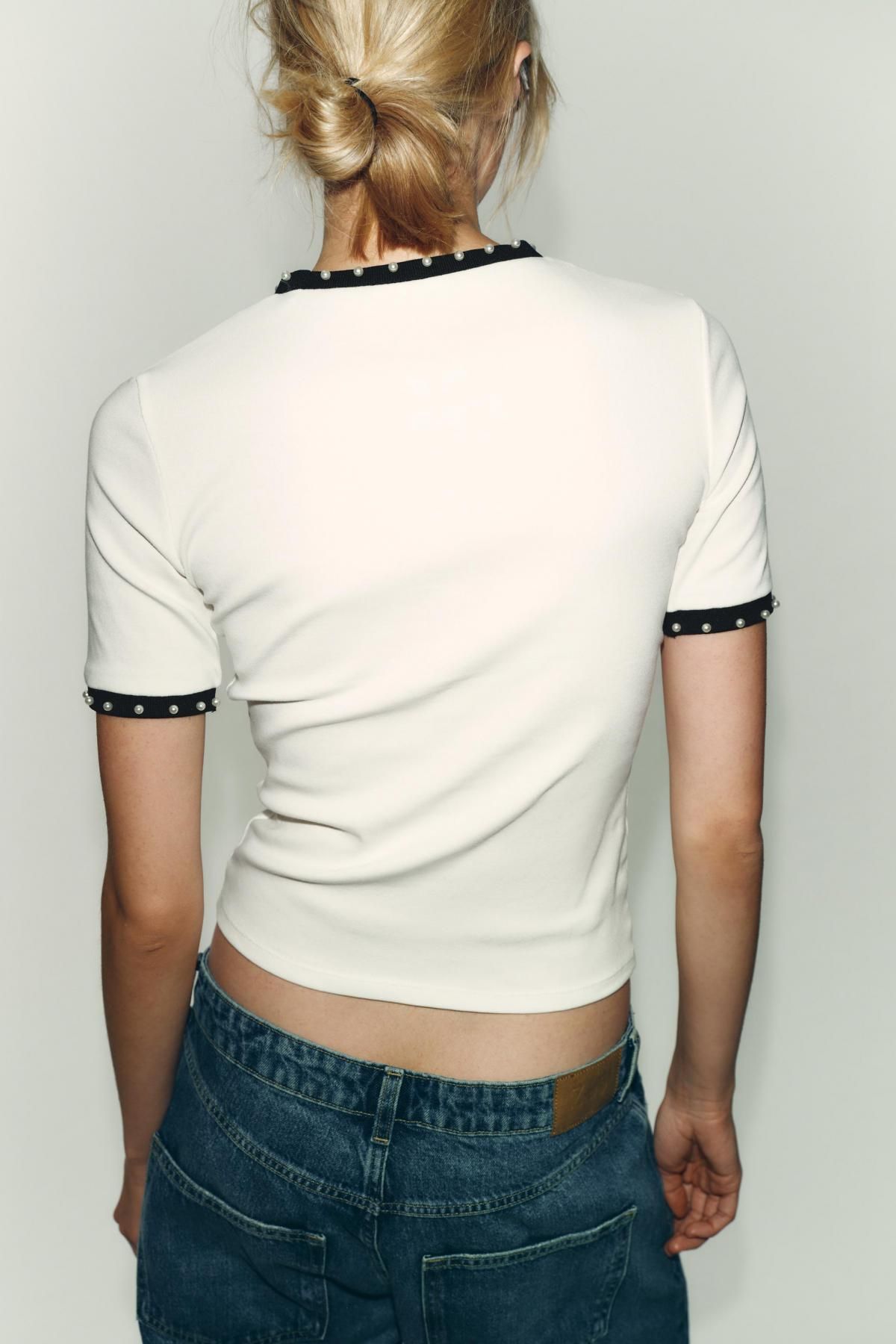 자라 청키 니트 진주 장식 반팔 티셔츠 5644/939 WHITE - 상세 이미지 5