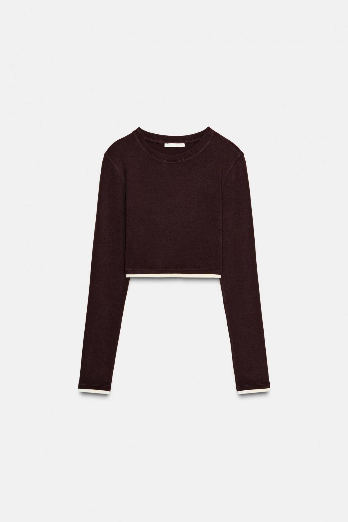 자라 슬림핏 크롭 라운드넥 더블 이펙트 긴팔 티셔츠 3641/887 BROWN - 메인 이미지