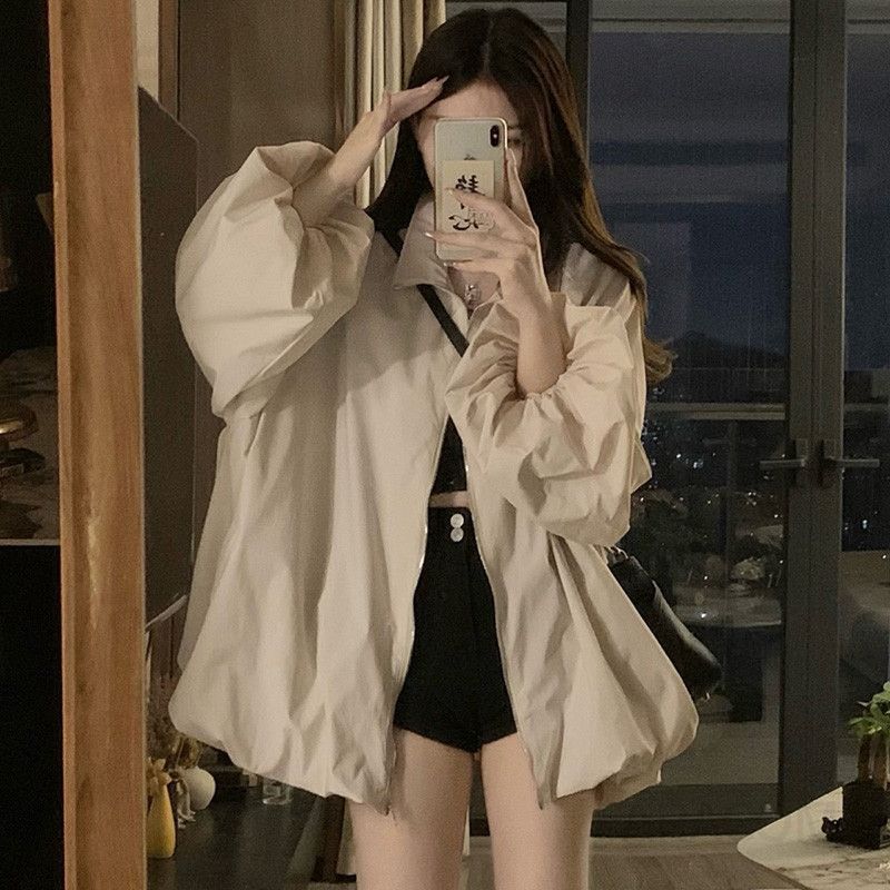 여성 빅사이즈 벌룬 퍼프소매 오버핏 루즈핏 카라 집업 블라우스 가을 간절기 데일리룩 아우터 점퍼 봄 가을 - 상세 이미지 2