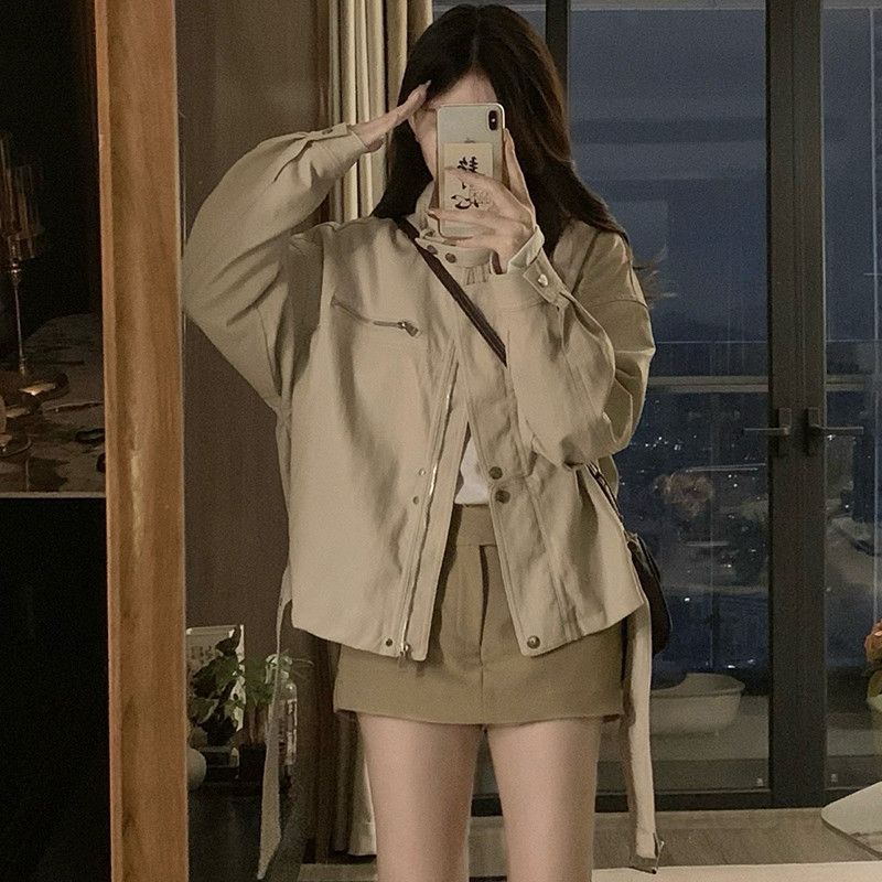 여성 레트로 루즈핏 메탈 포인트 간절기 아우터 아메카지 워크웨어 점퍼 스탠드 카라 자켓 봄 가을 데일리룩 - 상세 이미지 4