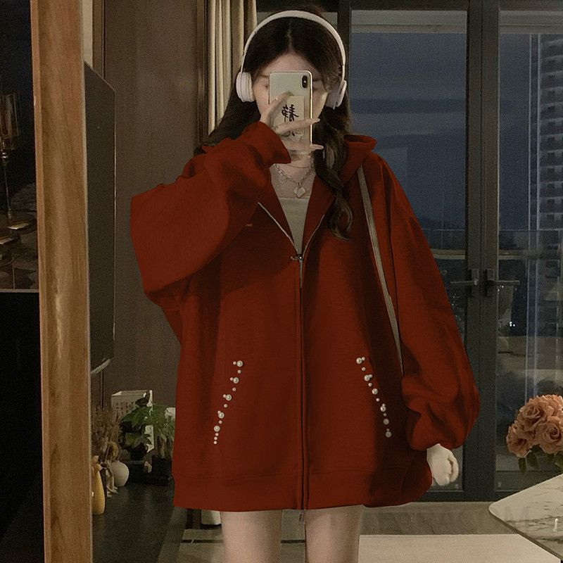 여성 빅사이즈 오버핏 루즈핏 후드집업 자수 포켓 맨투맨 집업 간절기 아우터 점퍼 캐주얼 데일리룩 봄 가을 - 상세 이미지 2