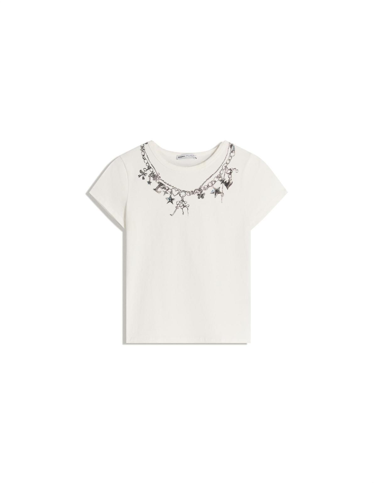 버쉬카 프린트 진주 네크라인 반팔 티셔츠 7844/033 OFF WHITE - 상품 이미지