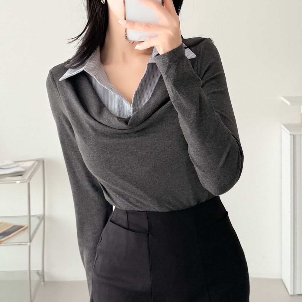 베탄드 레이어드티셔츠 셔링 카라 데일리룩 AB0184 - 상세 이미지 4