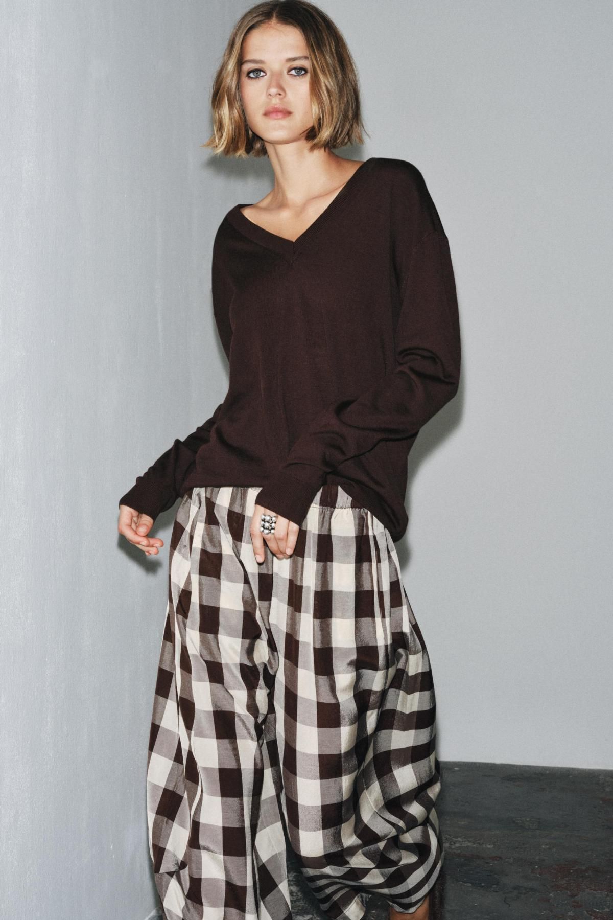 자라 체크 와이드 밴딩 팬츠 8960/702 BROWN / ECRU - 상세 이미지 4