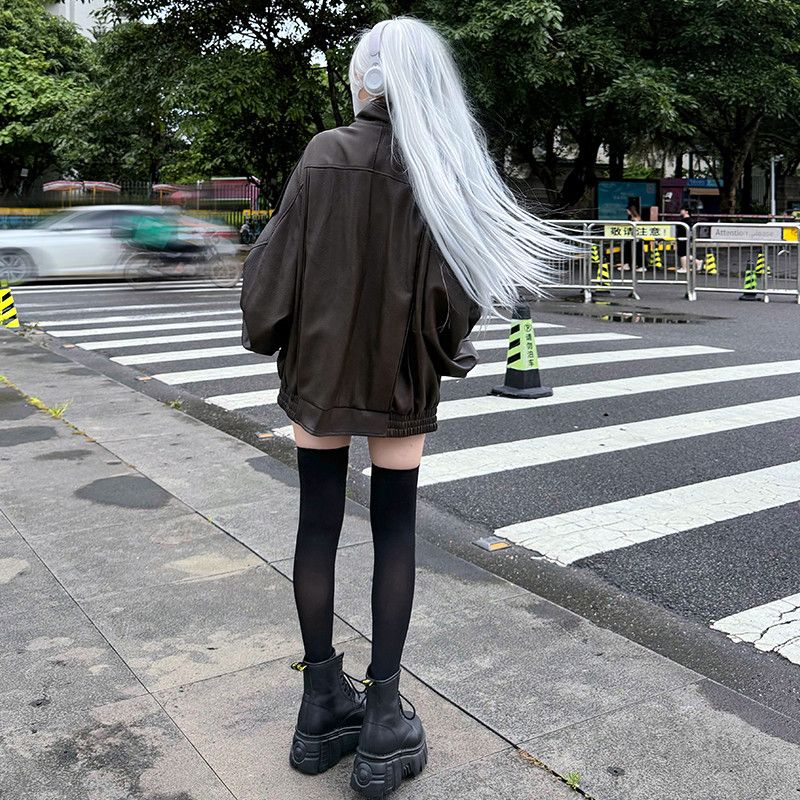 여성 가을 레트로 브라운 가죽자켓 더블 칼라 스타일 하객룩용 출근룩 자켓 빈티지 감성 라이더 디자인 고급스러운 착용감 트렌디한 매력 - 상세 이미지 4