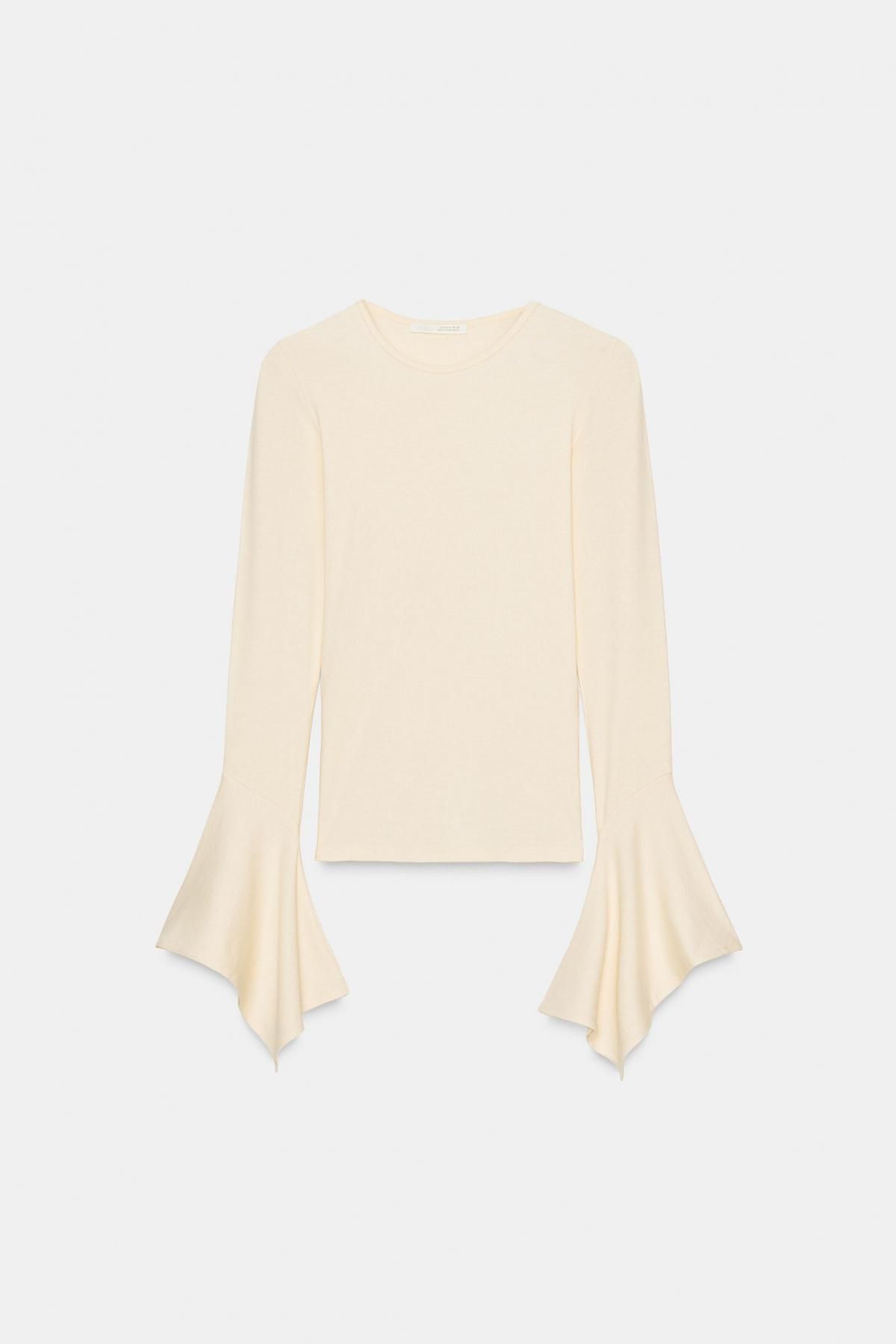 자라 러플 슬리브 슬림핏 라운드넥 긴팔 티셔츠 2335/642 OYSTER-WHITE - 메인 이미지