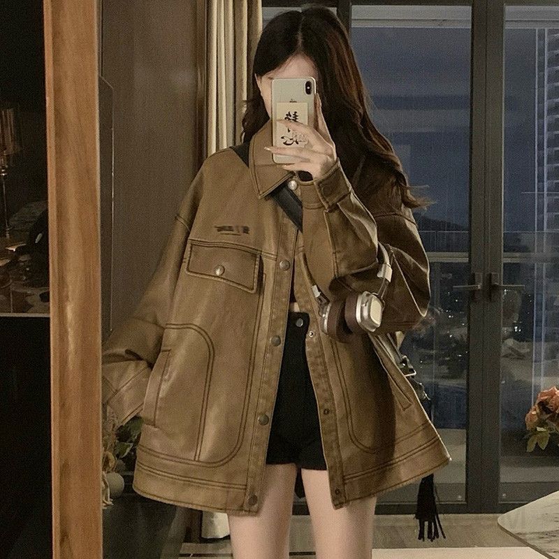 여성 빅사이즈 오버핏 레더 가죽 자켓 빈티지 카라 점퍼 루즈핏 포켓 봄 가을 겨울 데일리룩 - 메인 이미지