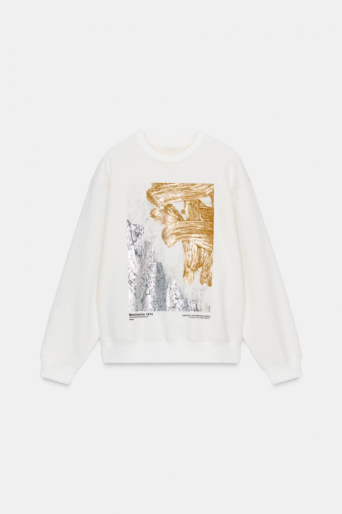 자라 메탈릭 프린트 라운드넥 긴팔 맨투맨 0264/820 OYSTER-WHITE - 메인 이미지