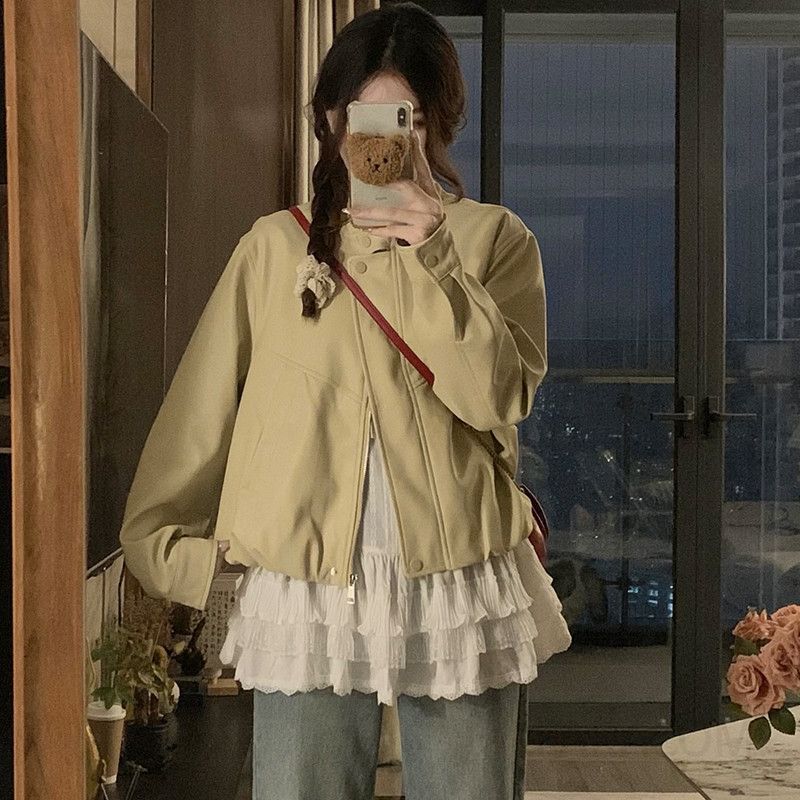 여성 빅사이즈 레더 가죽 루즈핏 오버핏 항공점퍼 점퍼 블루종 라이더 자켓 아우터 봄 가을 - 상세 이미지 3