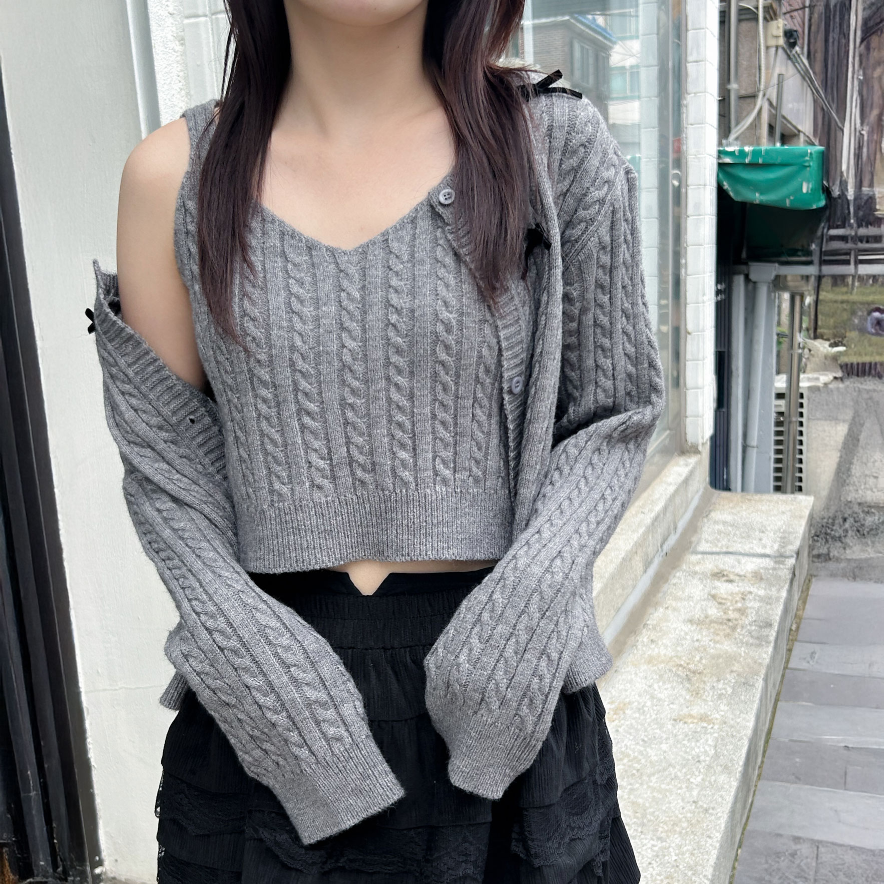 지뉴 발레리나 케이블가디건 | 간절기 크롭나시 가디건 세트 뷔스티에 투피스 발레코어 리본 러블리 - 상세 이미지 2