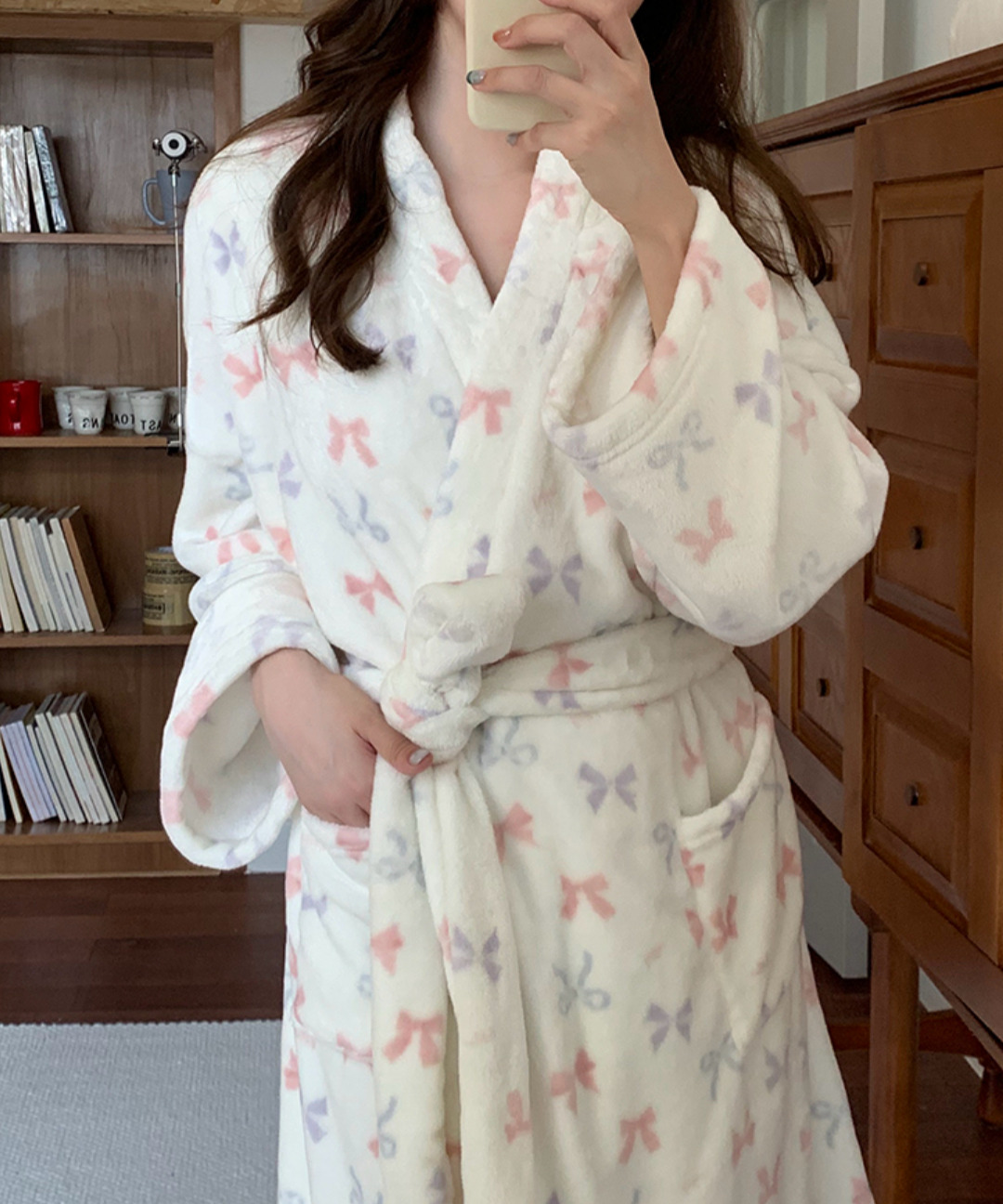 수면가운 극세사 로브 블루 리본 골프 목욕 나이트 수면 홈웨어 파자마 - 상품 이미지