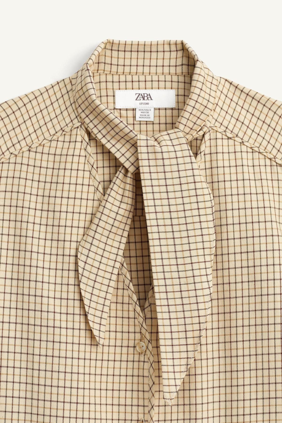 자라 한정판 체크 리본 타이 코튼 셔츠 3085/300 LIGHT BEIGE 이미지 8