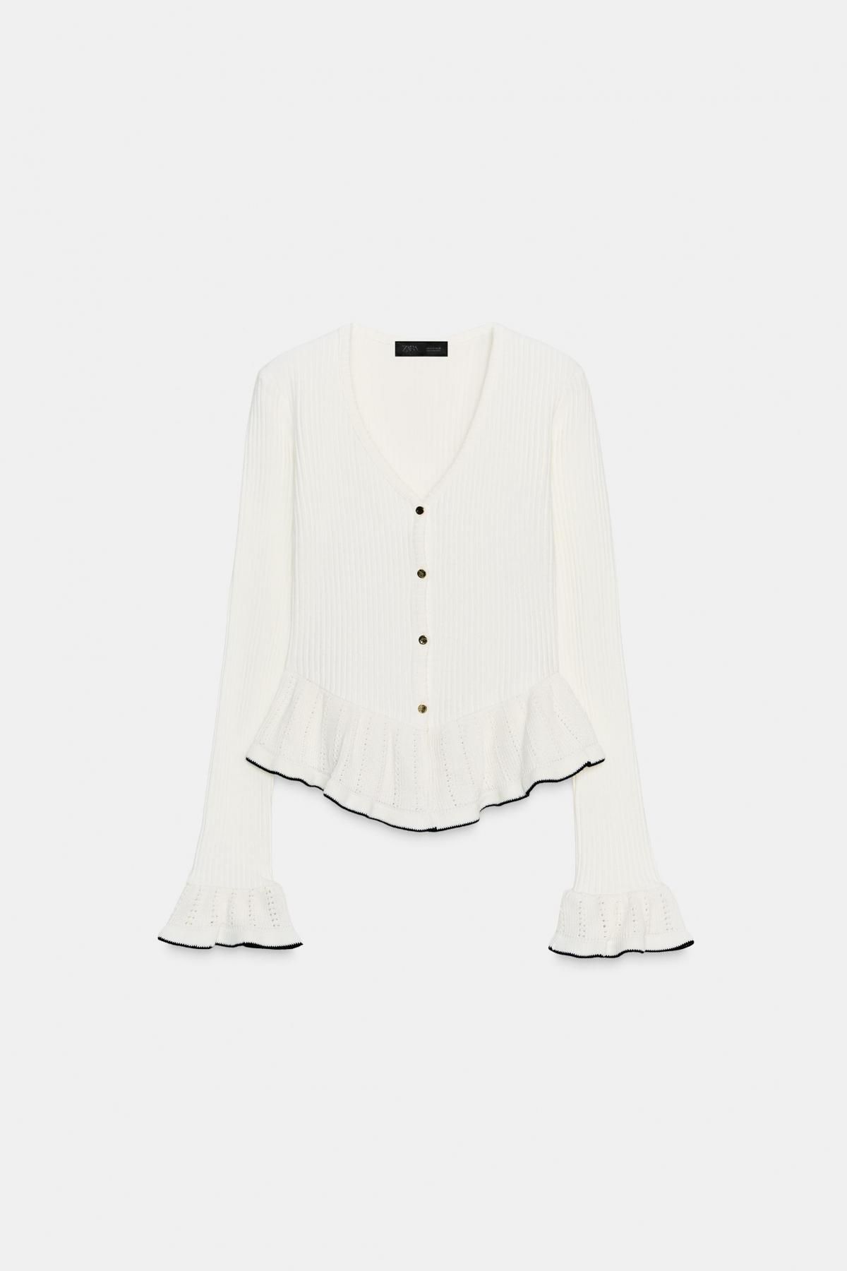 자라 소프트 브이넥 프릴 가디건 4770/401 OYSTER-WHITE - 메인 이미지