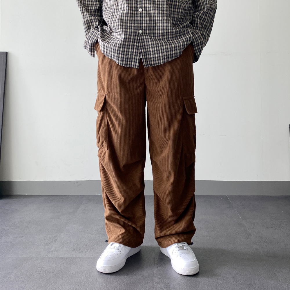 코듀로이 카고 건빵 파라슈트팬츠 밴딩 남자와이드바지 벌룬 편한 통바지 - 상품 이미지