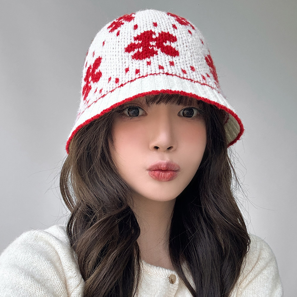 알파카 플라워 버킷햇 니트 벙거지 여성 겨울 털 모자 - 상품 이미지
