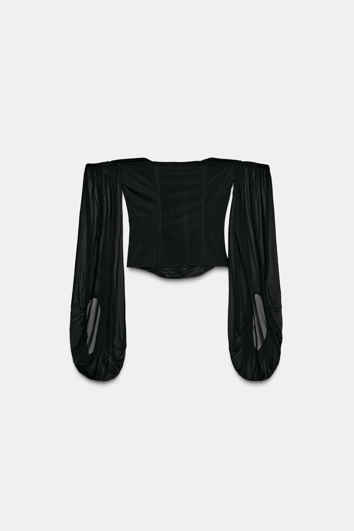 자라 시스루 스트레이트넥 셔링 긴팔 블라우스 4770/808 BLACK - 상세 이미지 2