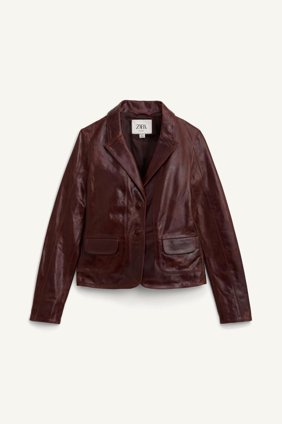 자라 한정판 프리미엄 100 레더 크롭 블레이저 5479/900 BURGUNDY - 메인 이미지
