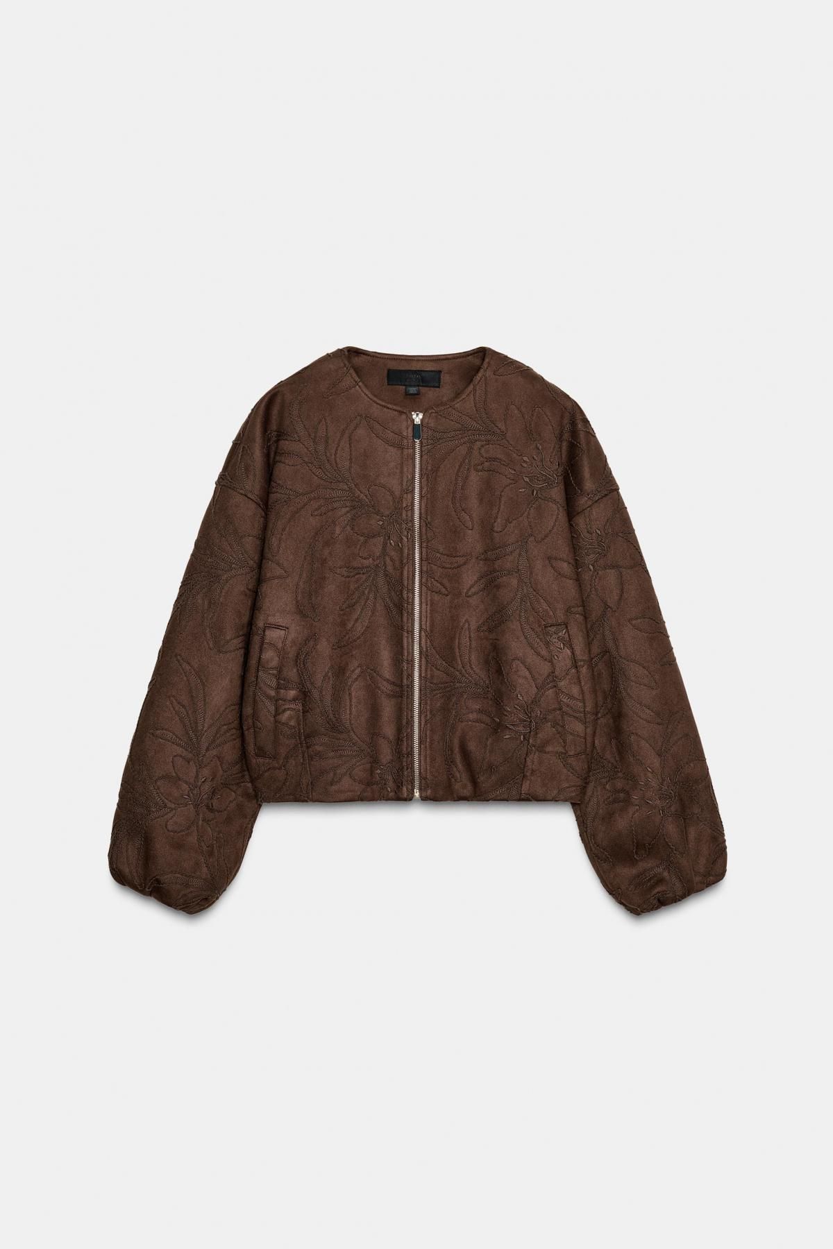 자라 자수 스웨이드 효과 라운드넥 봄버 재킷 8372/292 BROWN - 메인 이미지