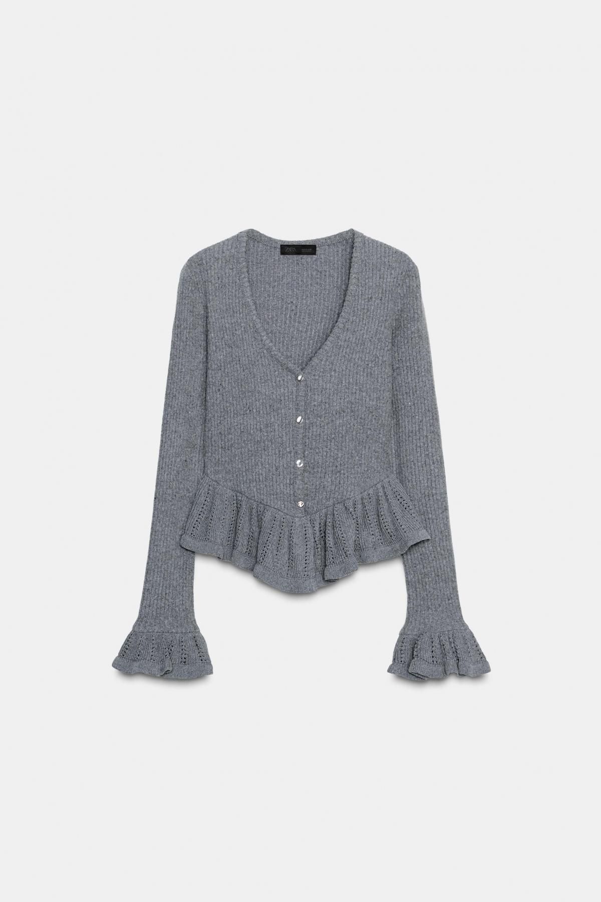 자라 프릴 브이넥 소프트 니트 가디건 4770/401 GREY MARL - 메인 이미지
