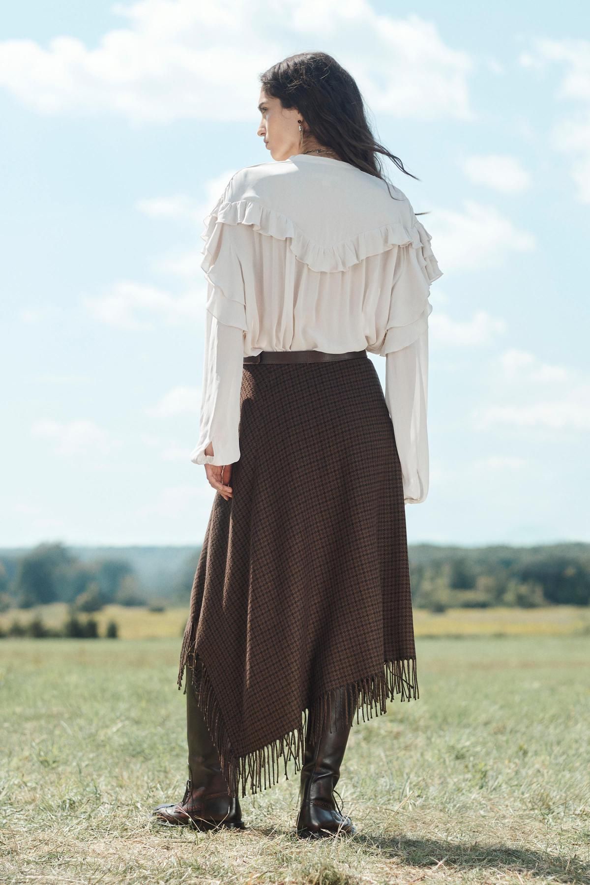 자라 한정판 프린지 미디 언발란스 울 혼방 스커트 8935/789 BROWN - 상세 이미지 5