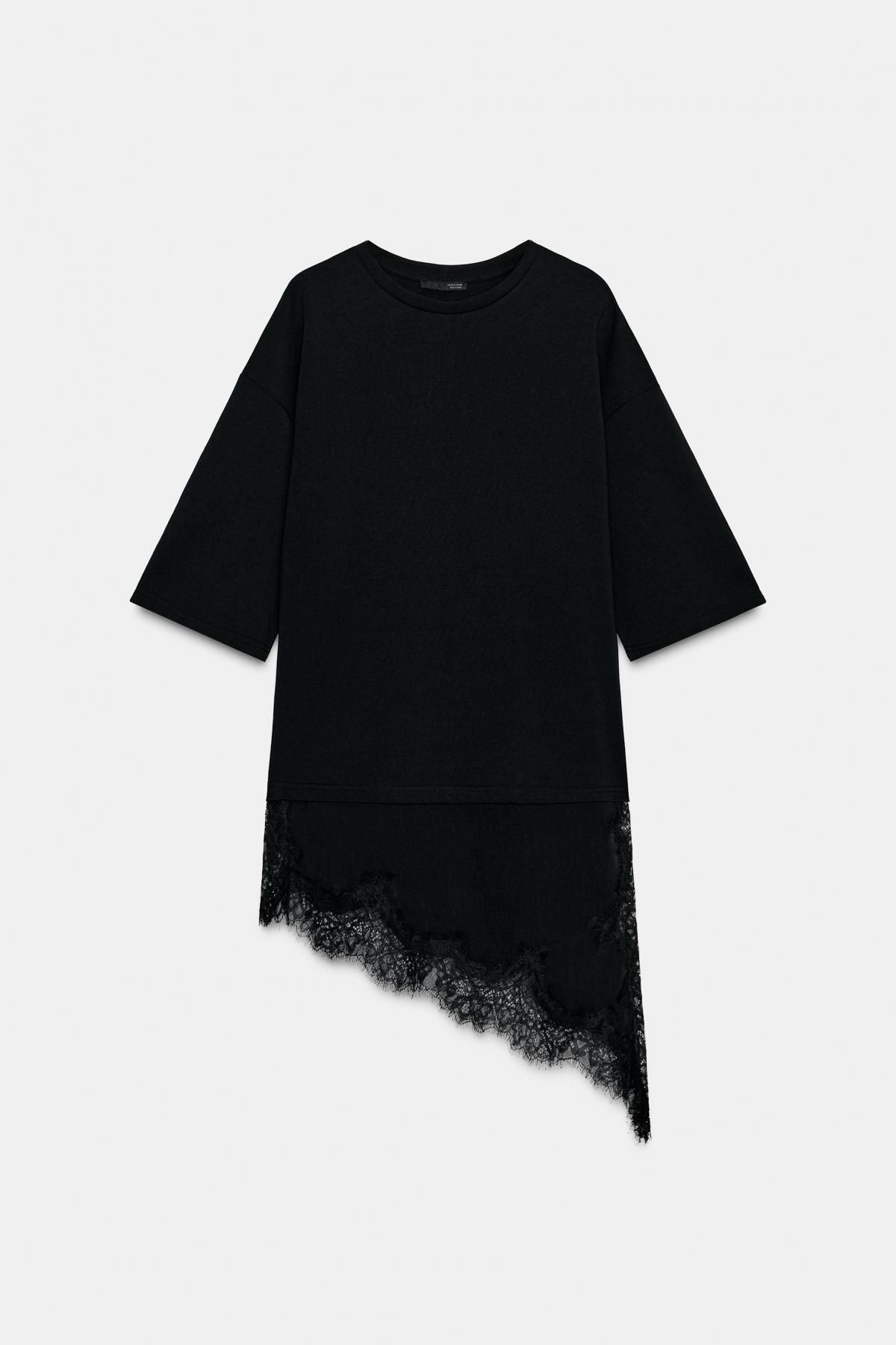 자라 레이스 디테일 언밸런스 반팔 티셔츠 4813/858 BLACK - 상품 이미지
