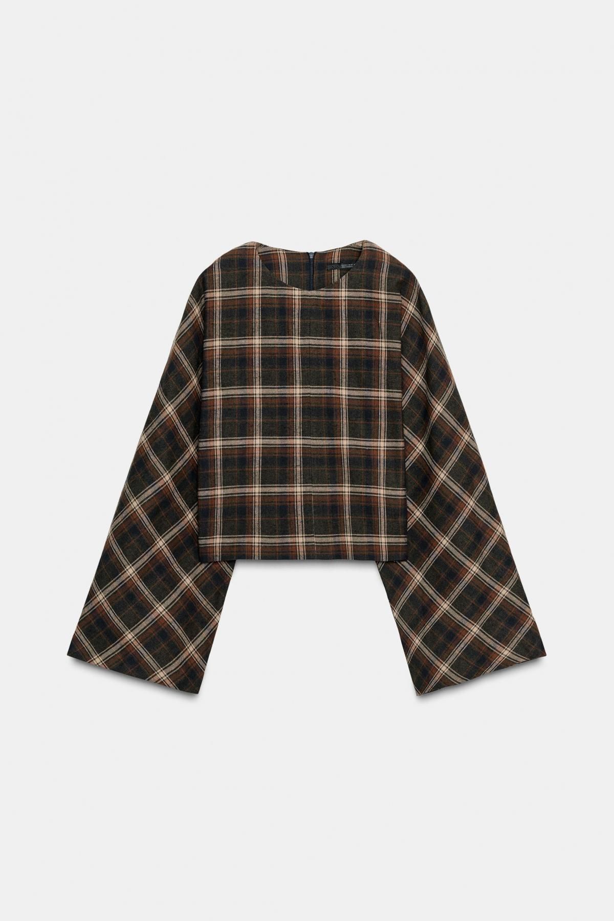 자라 체크 와이드 소매 라운드넥 코튼 탑 9522/628 DARK KHAKI - 메인 이미지