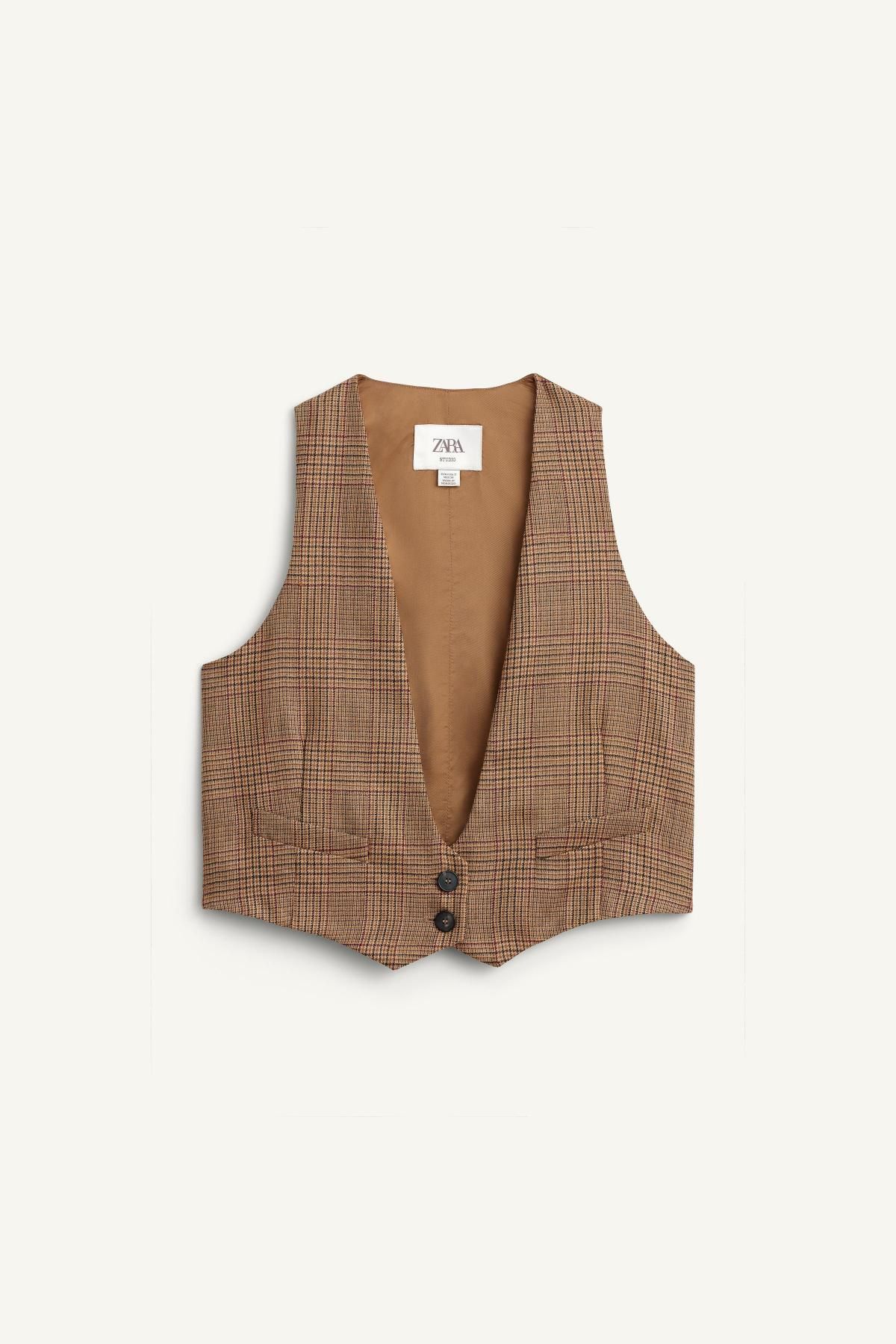 자라 한정판 울 체크 클래식 브이넥 베스트 8422/735 BROWN - 메인 이미지