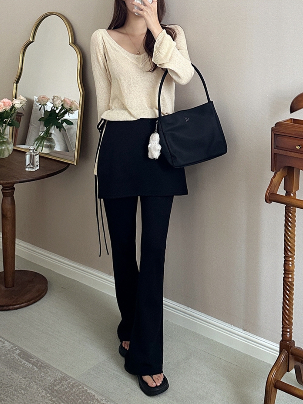 나팔바지 여성 고무줄바지 부츠컷 밴딩 팬츠 레이어드스커트 세트 - 상세 이미지 4