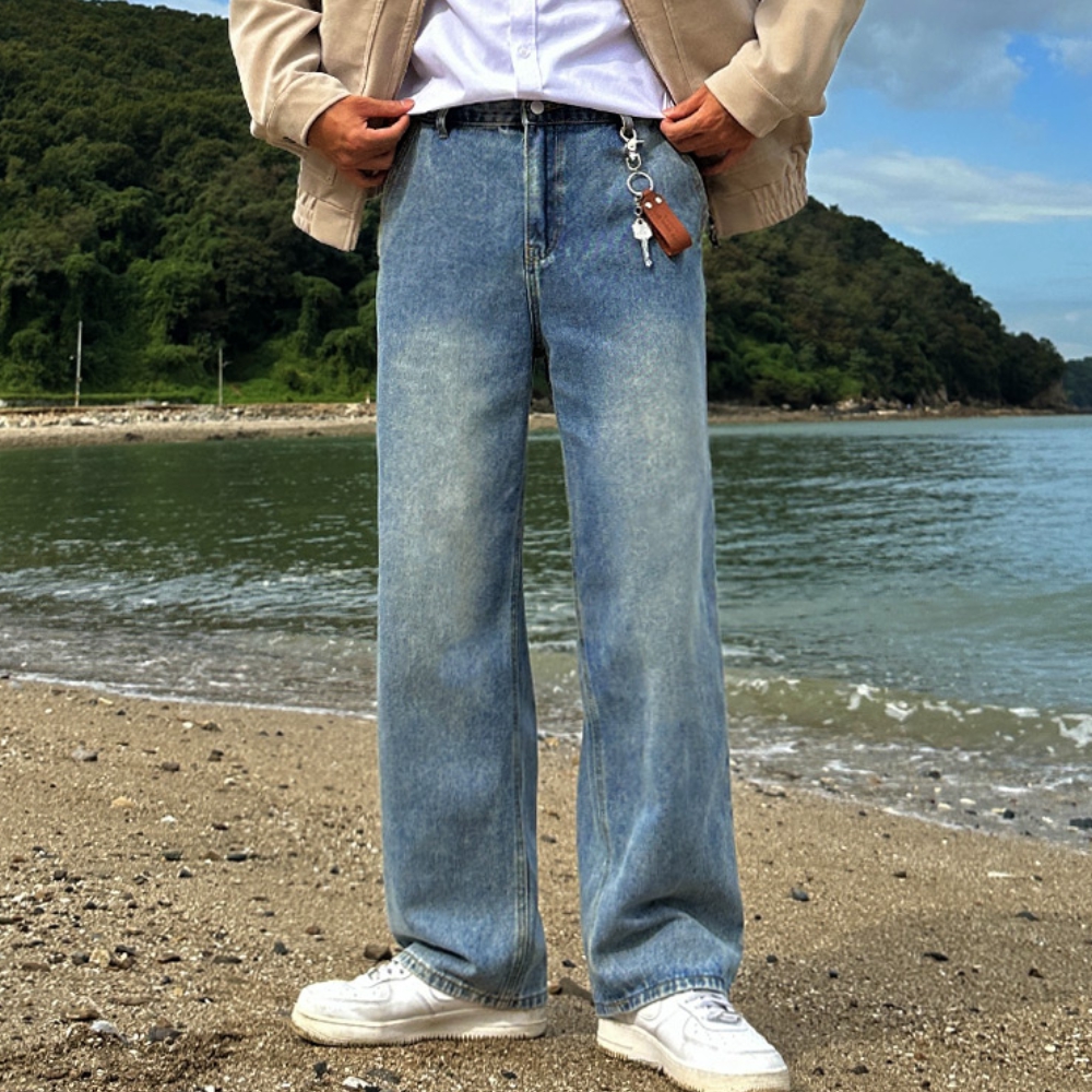 남자 틀랜 3단기장 사계절&융기모 샌드워싱 세미와이드 뒷밴딩 데님