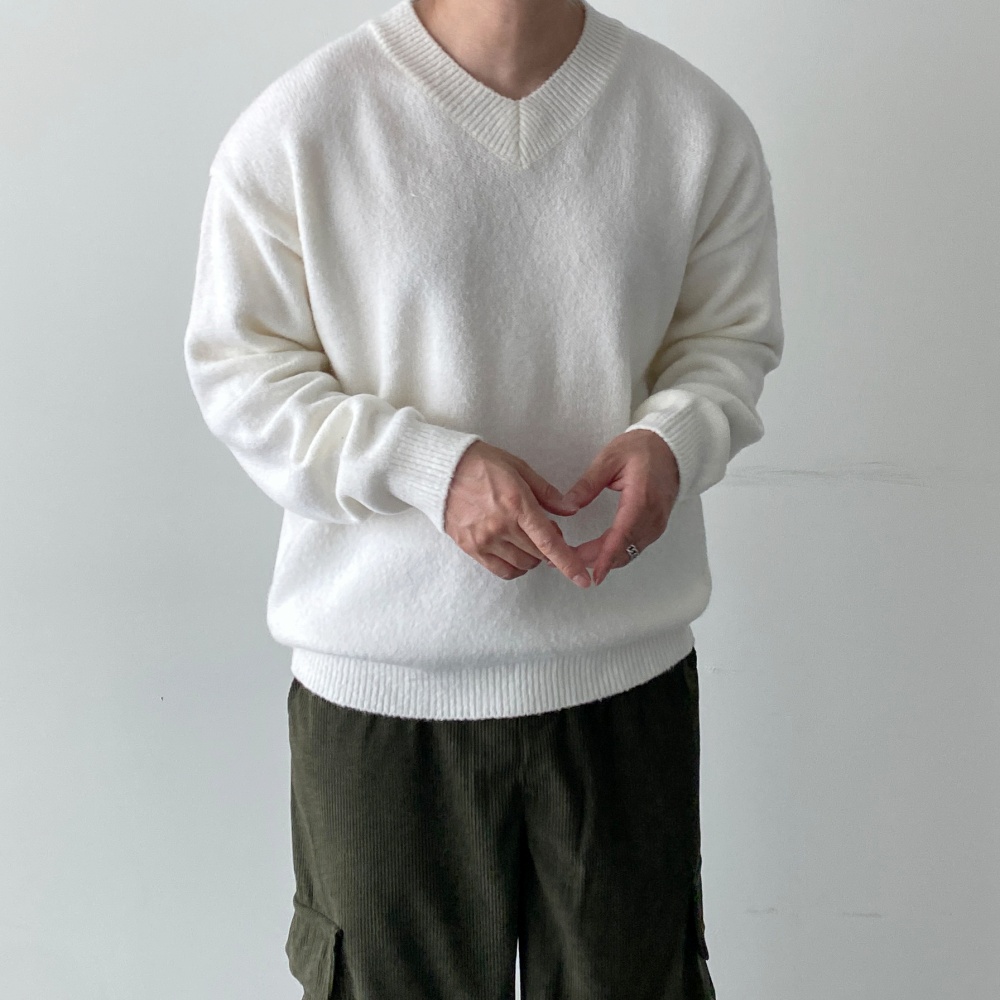 겨울 남자브이넥니트 오버핏 무지 가을 두꺼운스웨터 - 상세 이미지 3