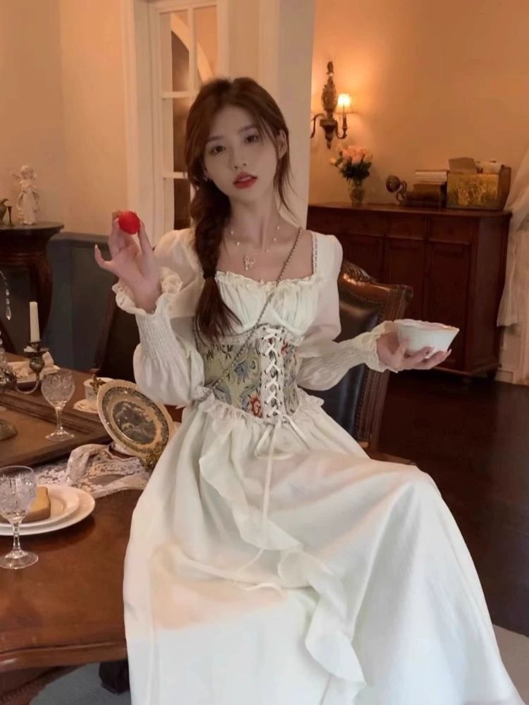 경성의복 프랑스풍 드레스 쉬폰원피스 복고 중세 햅번 스냅 촬영용 긴팔 졸업사진 살구색 드레스 S - 상세 이미지 2